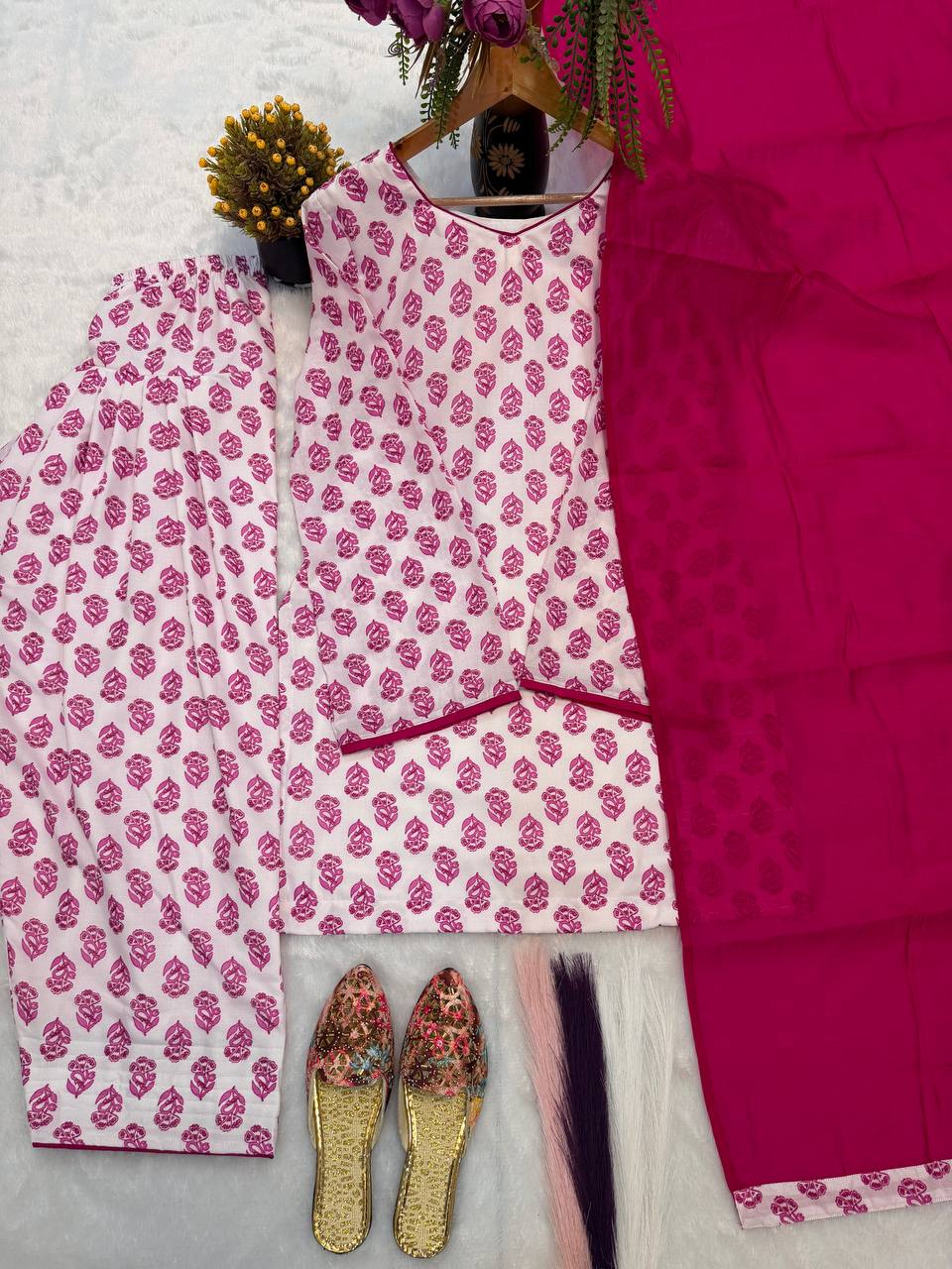 Charming Pink Floral Block Print Peplum Kurti and Wide-Leg Palazzo Suit Set Featuring an Elegant Tie-Up Back and Solid Vibrant Dupatta